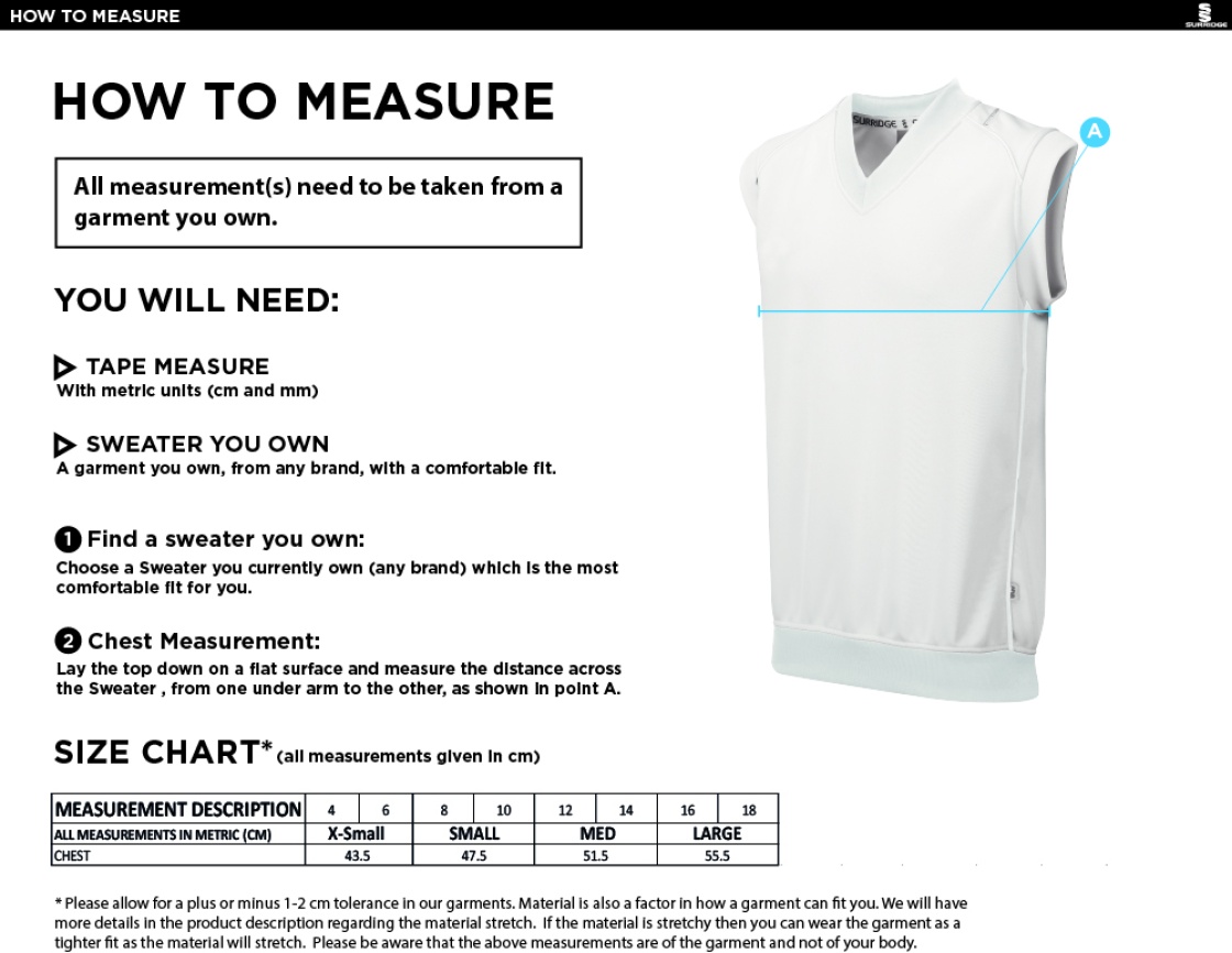Beckington CC Blast Sleeveless Women's Cricket Sweater - Size Guide