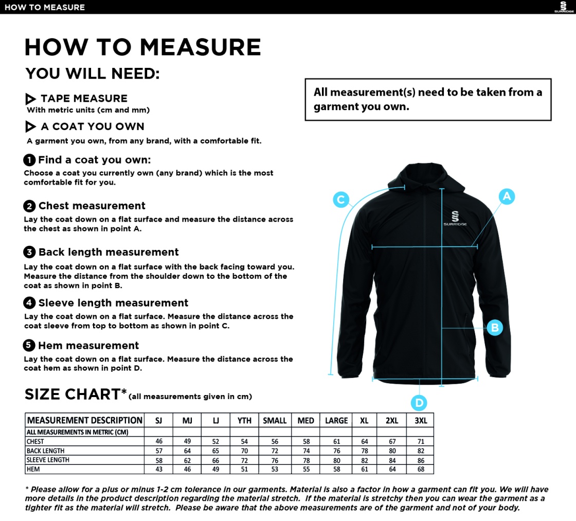 BECKINGTON CC Dual Elite 1/4 Zip Hoody / Rain Jacket - Size Guide