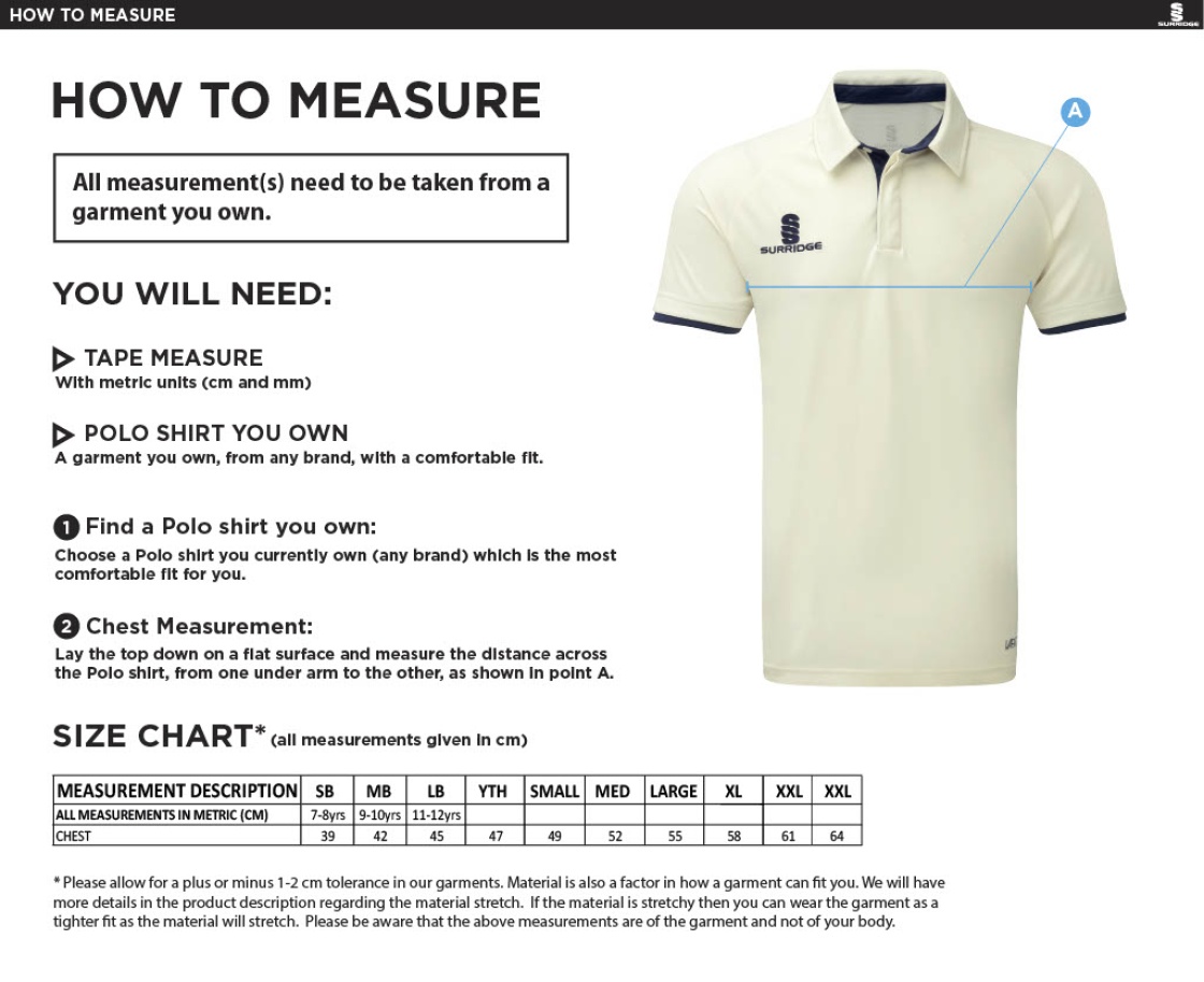 Beckington CC Ergo S/S Cricket Shirt - Size Guide