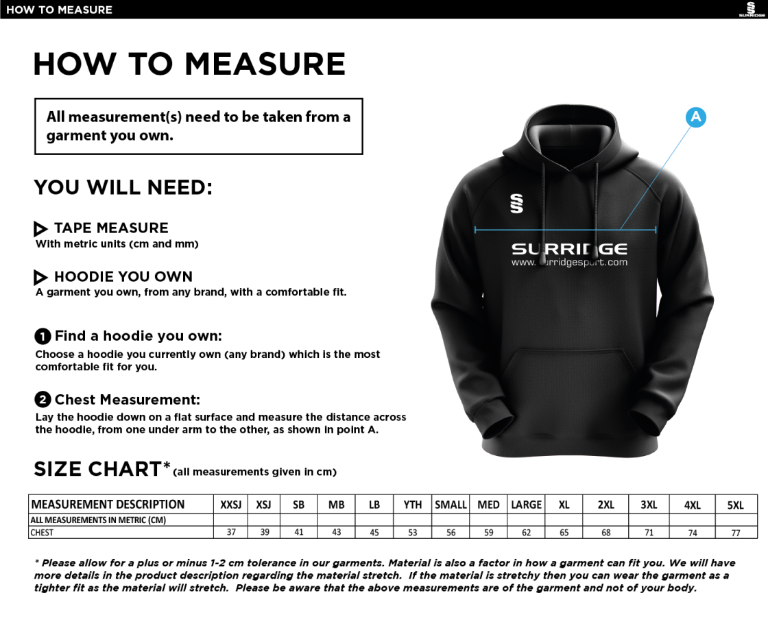 Beckington CC Fuse Hoody : Black / White - Size Guide