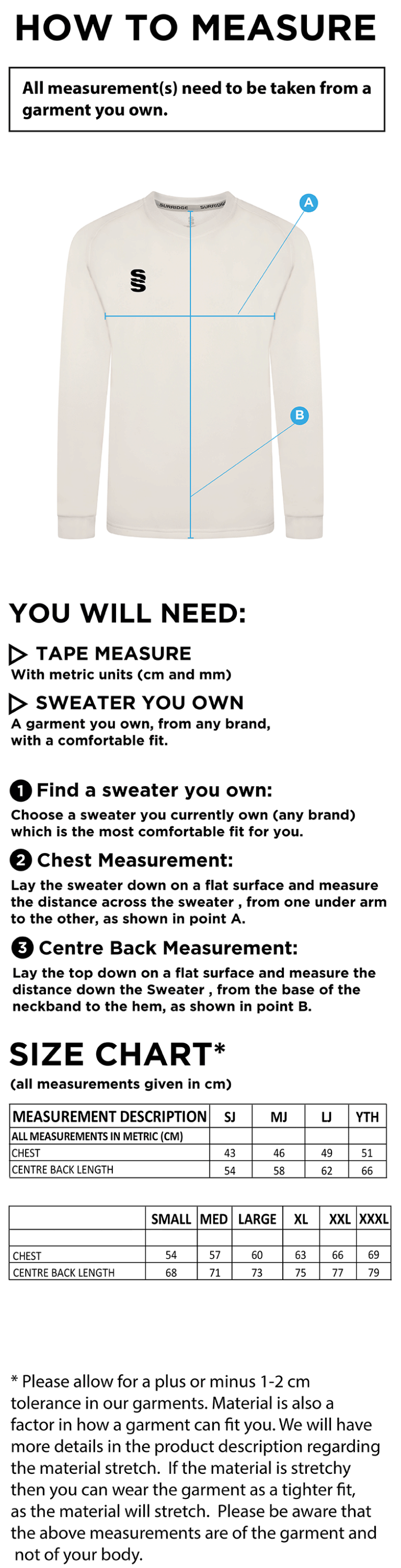 Beckington CC Blast Long Sleeve Cricket Sweater - Size Guide
