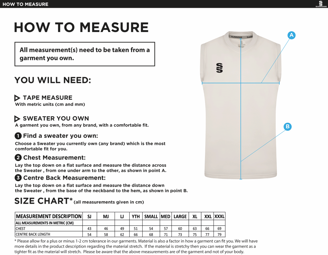 Beckington CC Blast Sleeveless Cricket Sweater - Size Guide