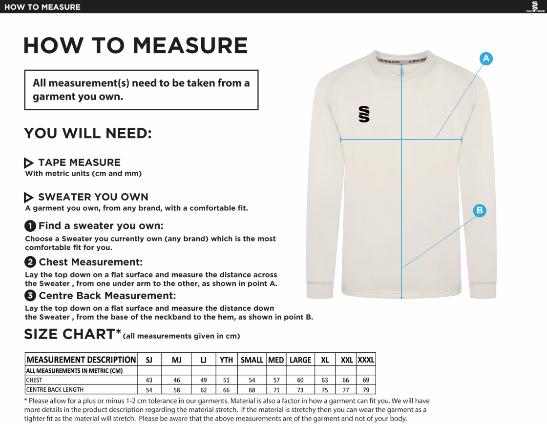 Beckington CC Blast Long Sleeve Cricket Sweater - Size Guide