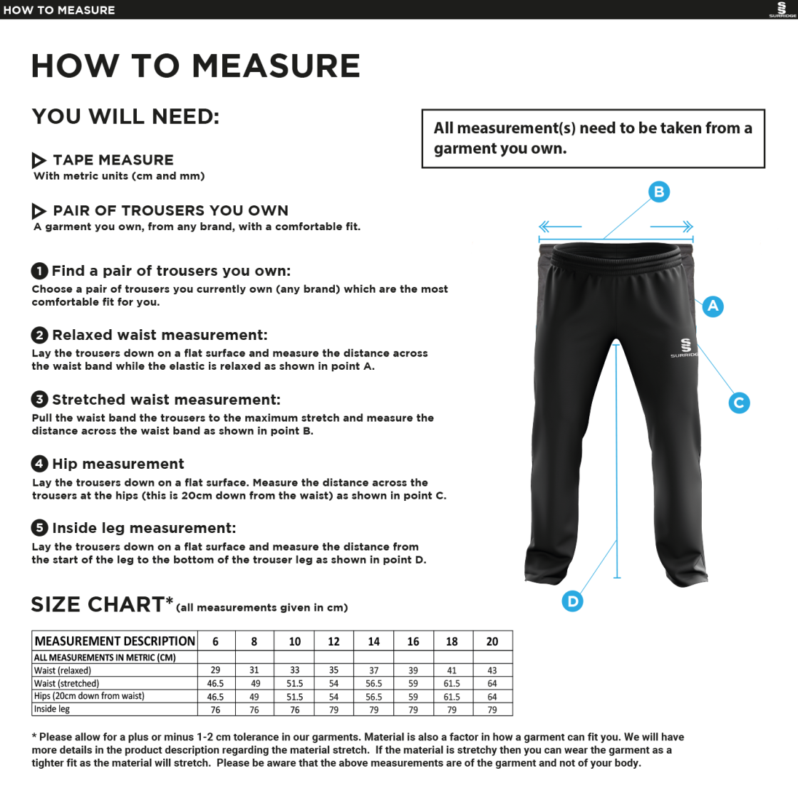 Beckington CC Women's Rip Stop Track Pant : Black - Size Guide