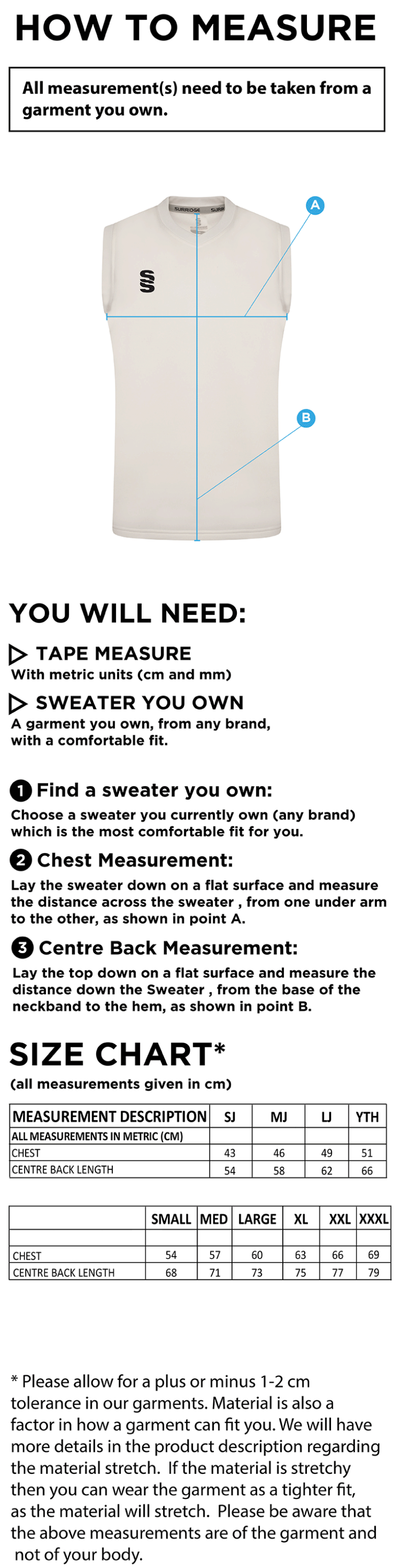 Beckington CC Blast Sleeveless Cricket Sweater - Size Guide