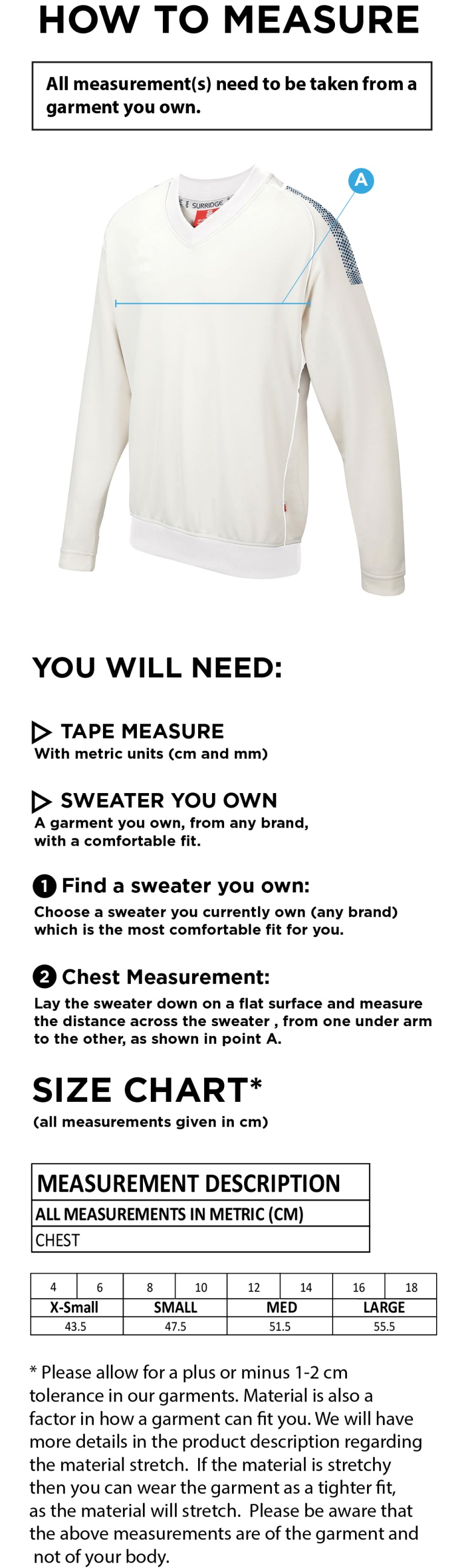 Beckington CC Blast Long Sleeve Women's Cricket Sweater - Size Guide