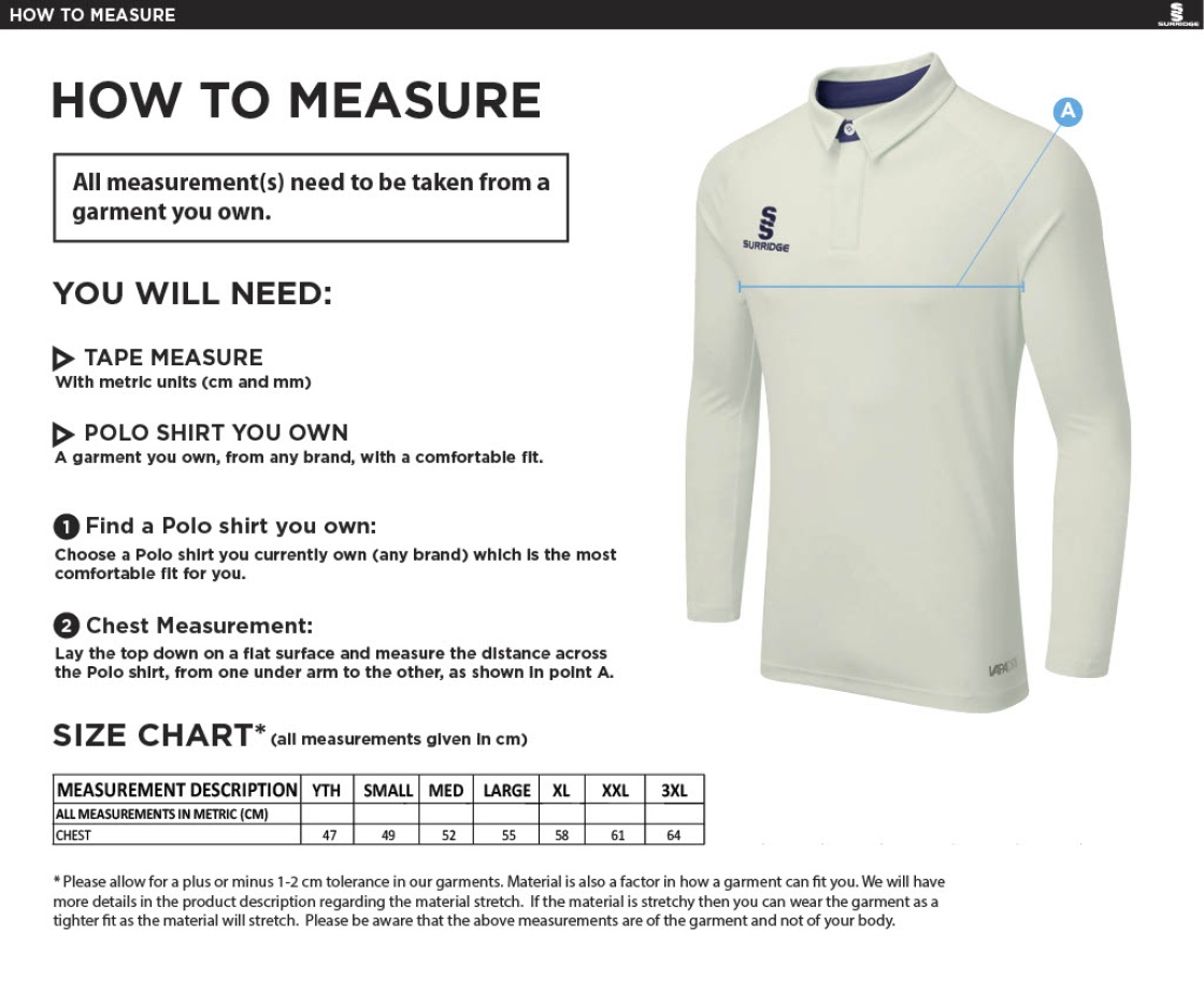 Beckington CC Ergo L/S Sleeved Shirt - Size Guide