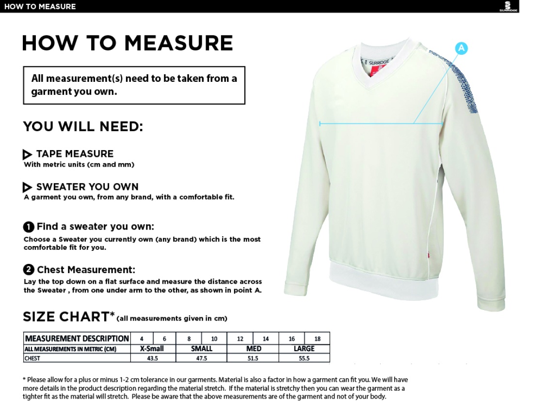 Beckington CC Blast Long Sleeve Women's Cricket Sweater - Size Guide