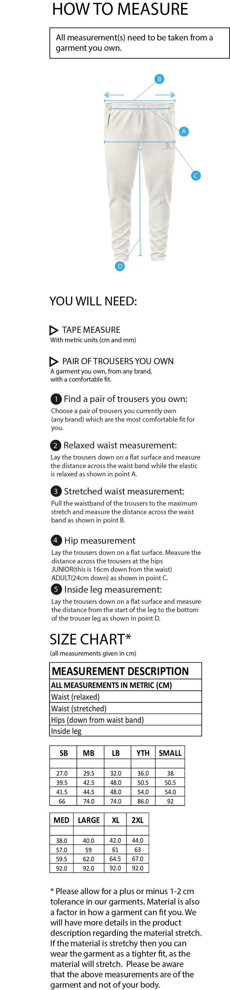 Beckington CC Tek Playing Pants - Size Guide